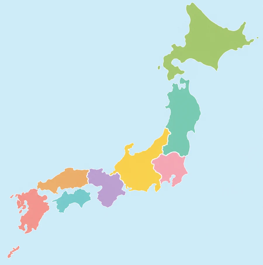 日本地図。8つの地方に色分けしています